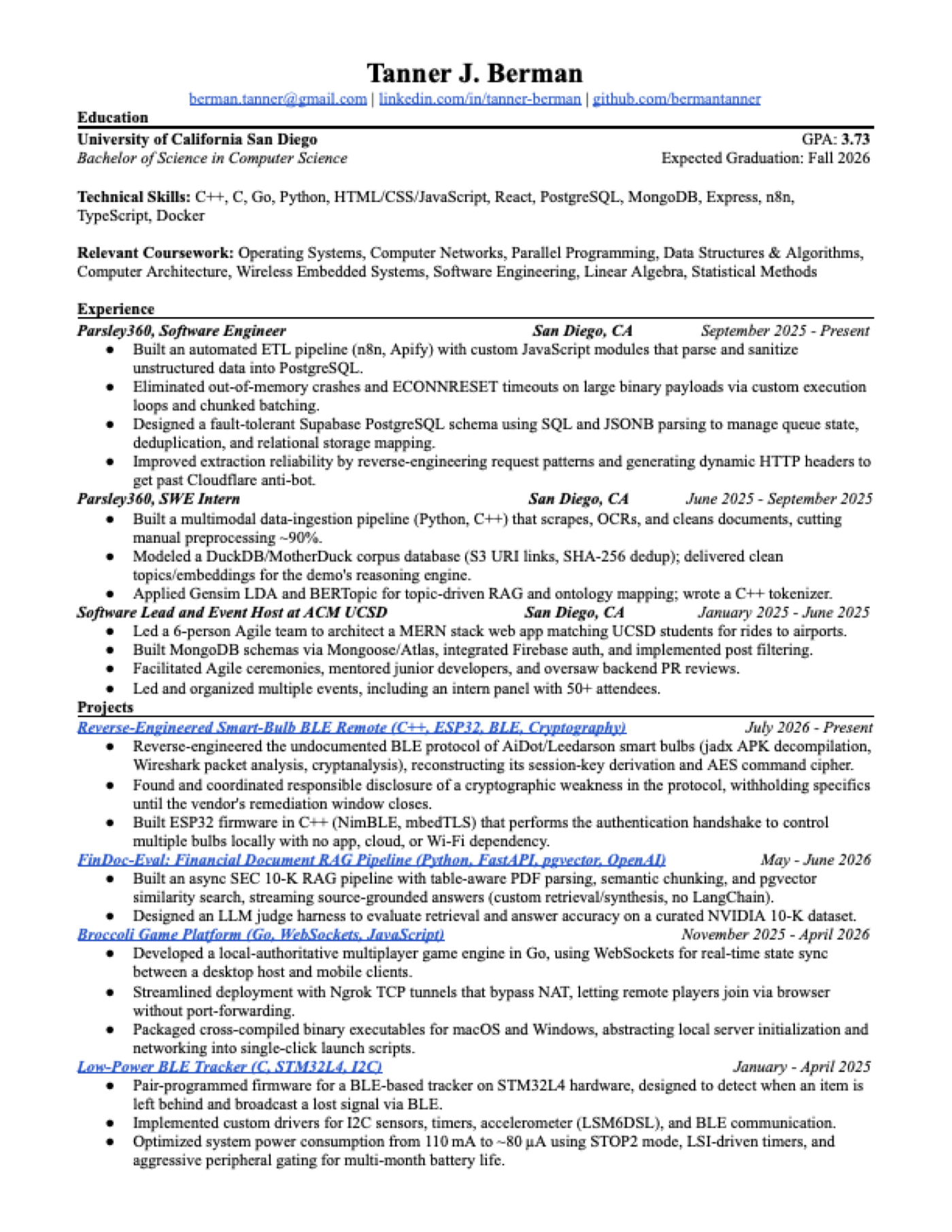 Resume of Tanner Berman